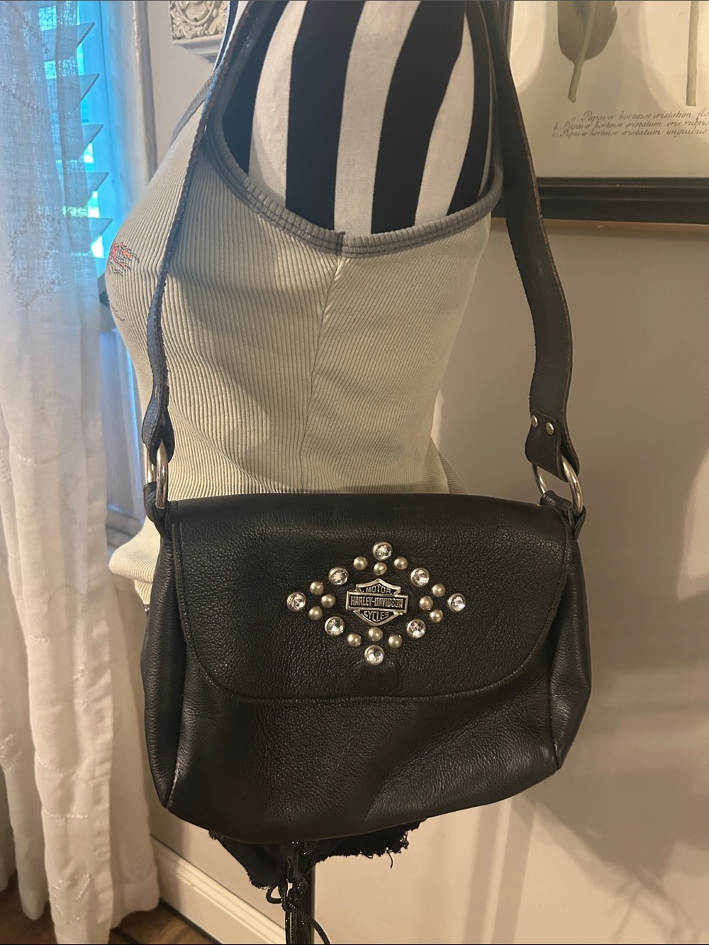 Vintage Harley-Davidson Black Leather Studded Shoulder Bag with Emblem